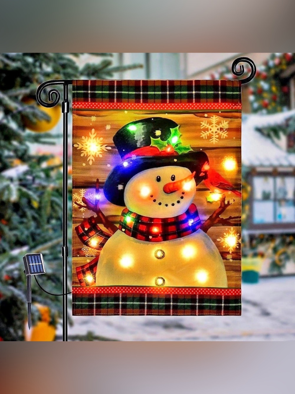 NWT Solar Powered Lighted Christmas Snowman Garden Flag Outdoor Decor, 12x18 In